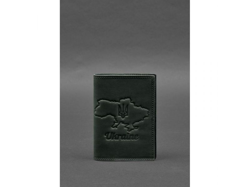 Кожаная обложка для паспорта с картой Украины зеленый Crazy Horse, фото 1