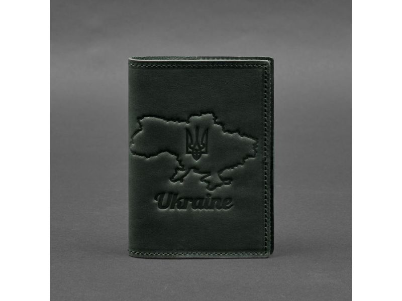 Кожаная обложка для паспорта с картой Украины зеленый Crazy Horse, фото 6