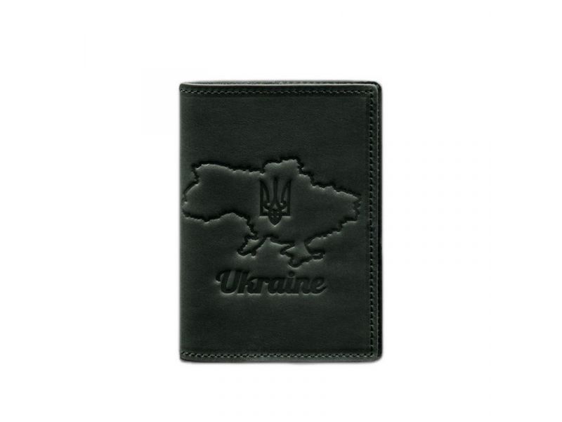 Кожаная обложка для паспорта с картой Украины зеленый Crazy Horse, фото 7