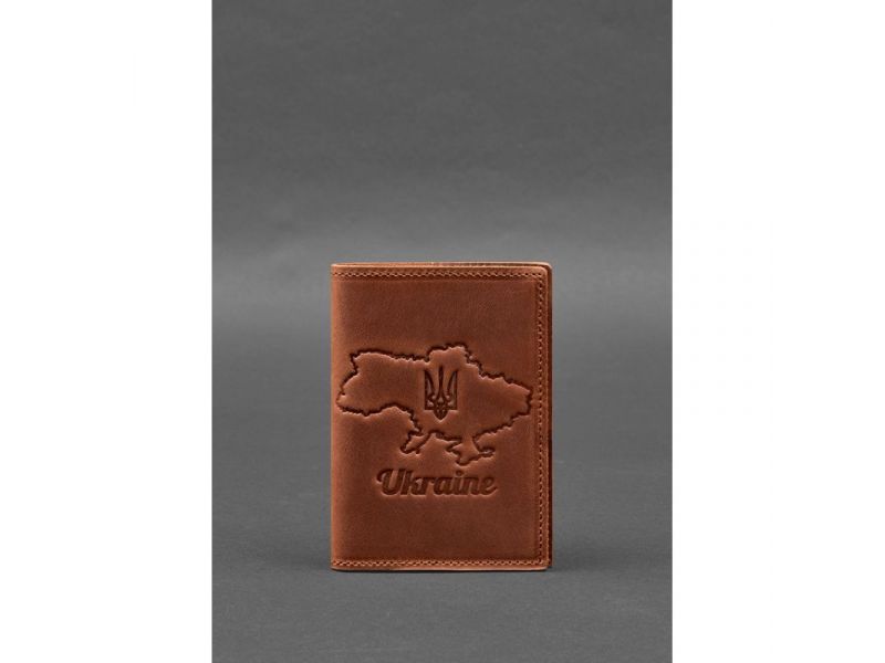Кожаная обложка для паспорта с картой Украины светло-коричневый Crazy Horse, фото 1