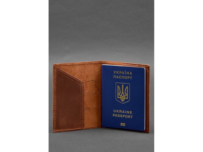 Кожаная обложка для паспорта с картой Украины светло-коричневый Crazy Horse, фото 2