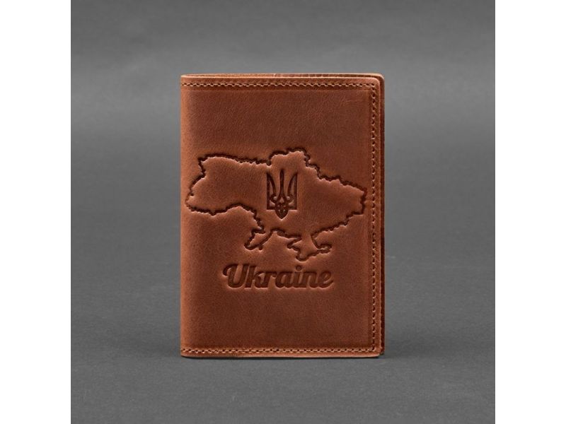Кожаная обложка для паспорта с картой Украины светло-коричневый Crazy Horse, фото 6
