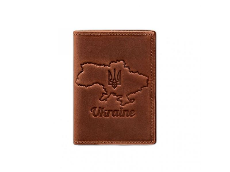 Кожаная обложка для паспорта с картой Украины светло-коричневый Crazy Horse, фото 7