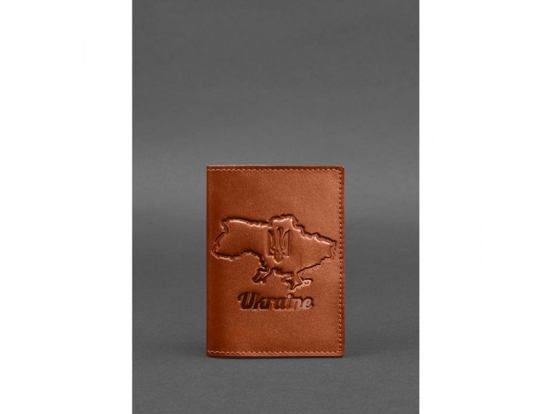 Кожаная обложка для паспорта с картой Украины светло-коричневый краст, фото 1