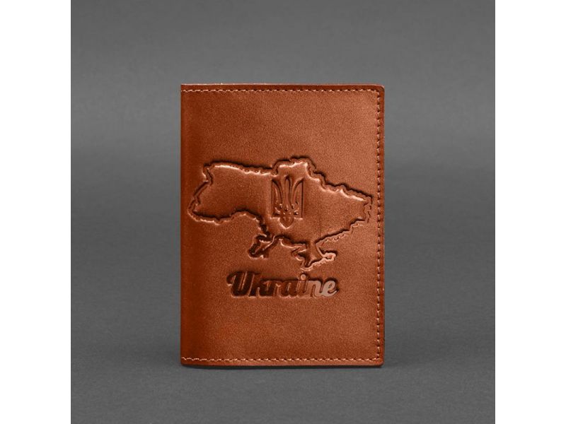 Кожаная обложка для паспорта с картой Украины светло-коричневый краст, фото 4