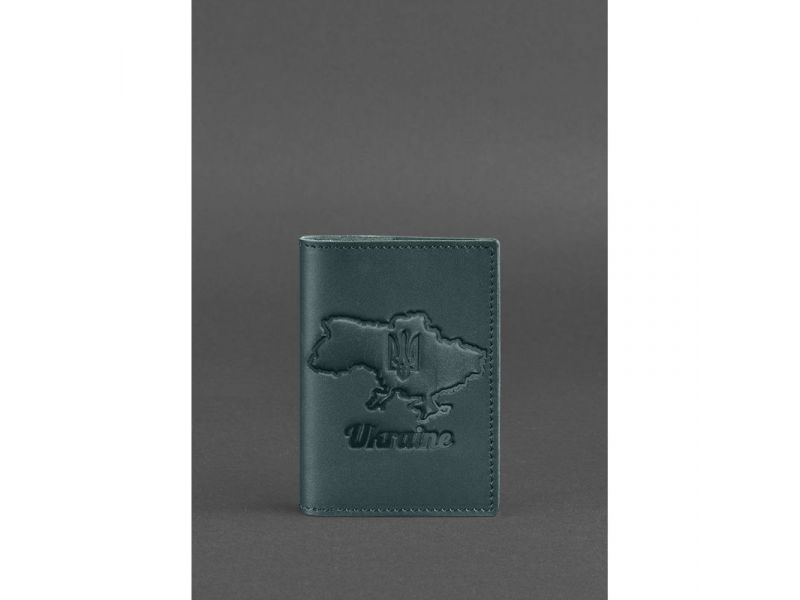 Кожаная обложка для паспорта с картой Украины зеленый краст, фото 1