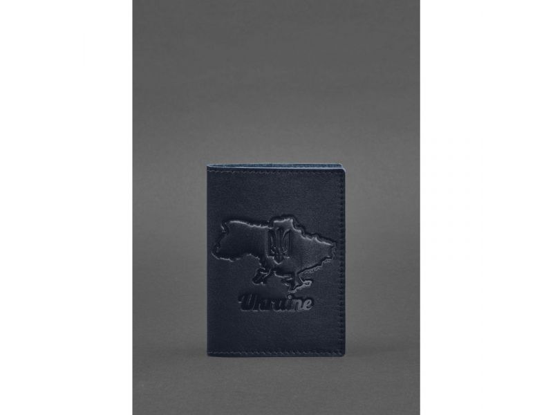 Кожаная обложка для паспорта с картой Украины синий краст, фото 1