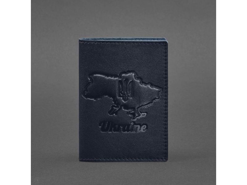 Кожаная обложка для паспорта с картой Украины синий краст, фото 4