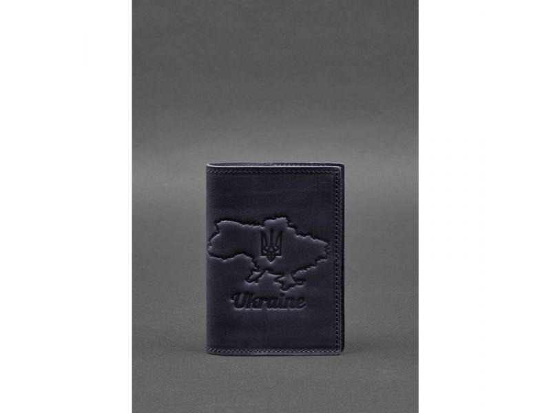 Кожаная обложка для паспорта с картой Украины синий Crazy Horse, фото 1