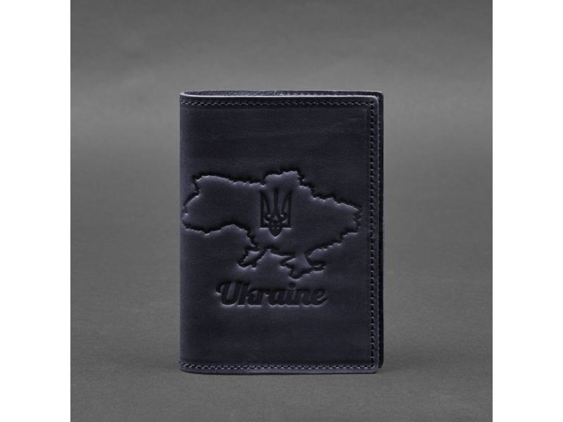 Кожаная обложка для паспорта с картой Украины синий Crazy Horse, фото 6