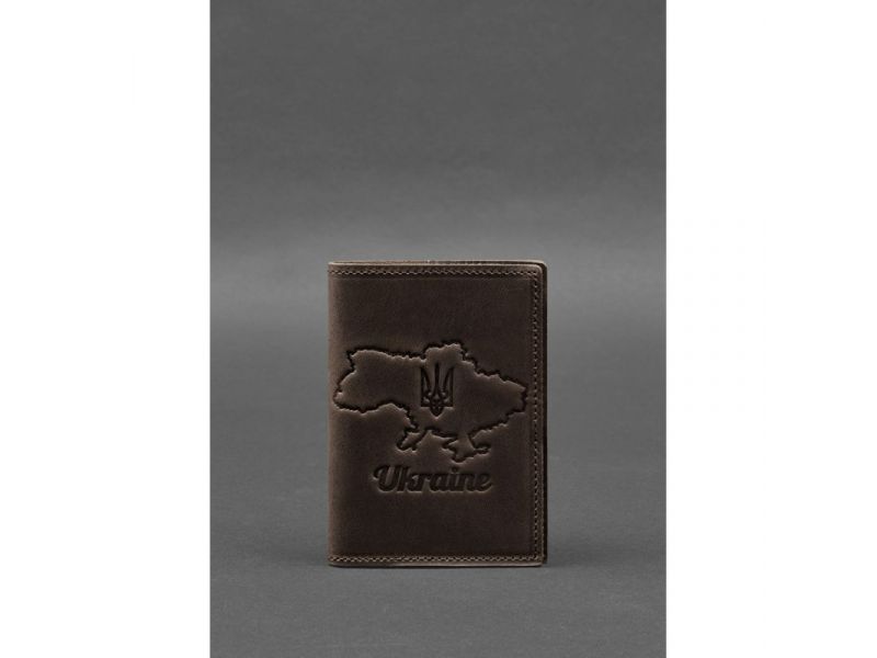 Кожаная обложка для паспорта с картой Украины темно-коричневый Crazy Horse, фото 1