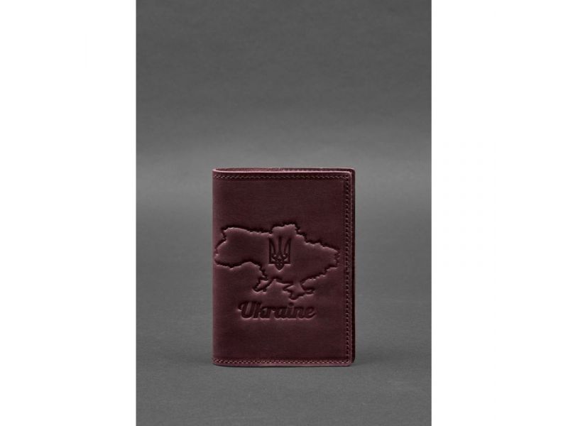Кожаная обложка для паспорта с картой Украины бордовый Crazy Horse, фото 1