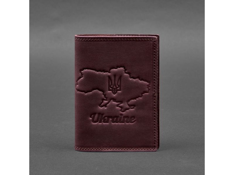 Кожаная обложка для паспорта с картой Украины бордовый Crazy Horse, фото 6