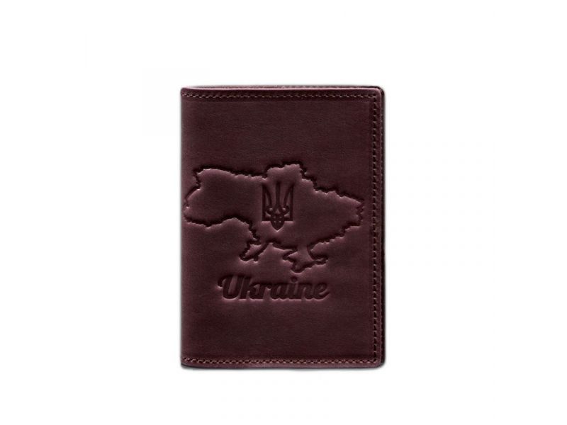 Кожаная обложка для паспорта с картой Украины бордовый Crazy Horse, фото 7