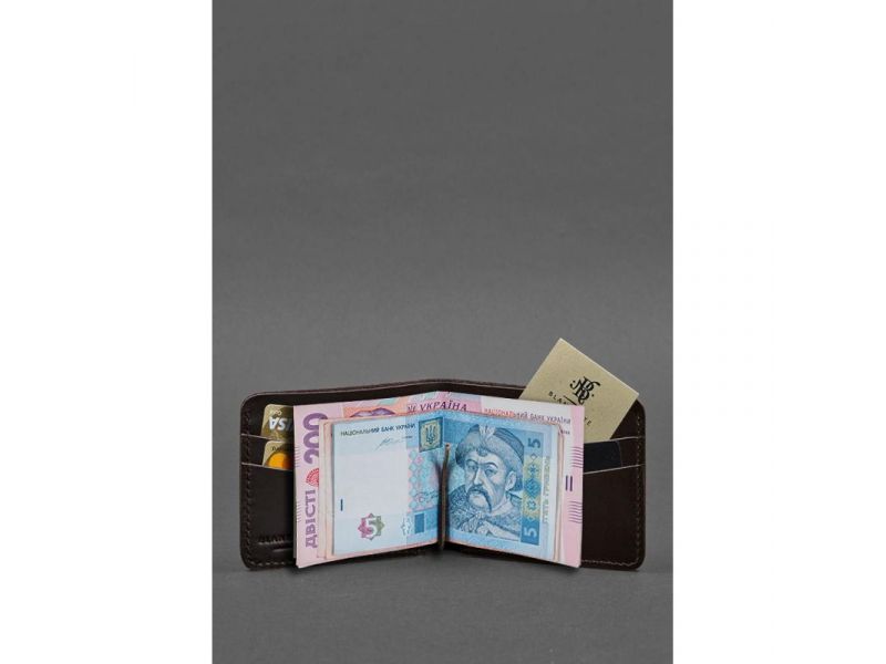 Кожаное портмоне 4.4 (с зажимом) темно-коричневое краст, фото 2