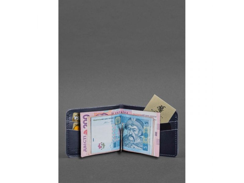Кожаное портмоне 4.4 (с зажимом) синий краст, фото 2