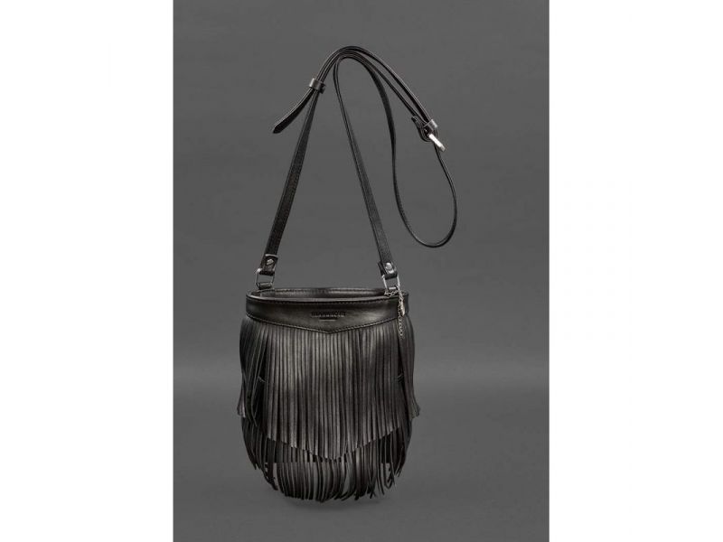 Кожаная женская сумка с бахромой мини-кроссбоди Fleco черная краст, фото 1