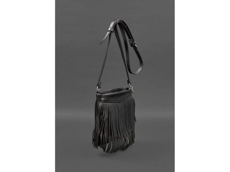 Кожаная женская сумка с бахромой мини-кроссбоди Fleco черная краст, фото 2