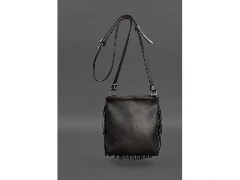 Кожаная женская сумка с бахромой мини-кроссбоди Fleco черная краст, фото 3