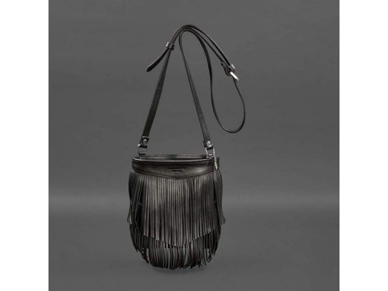 Кожаная женская сумка с бахромой мини-кроссбоди Fleco черная краст, фото 5