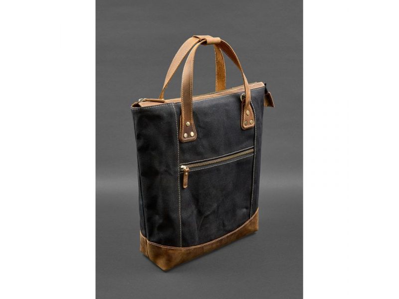 Сумка-рюкзак из канваса и натуральной светло-коричневой кожи, фото 2