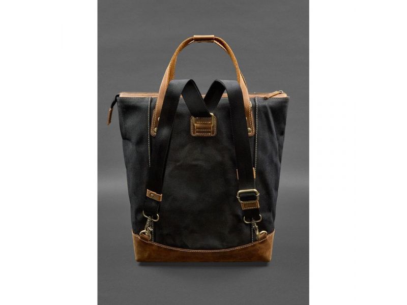 Сумка-рюкзак из канваса и натуральной светло-коричневой кожи, фото 5