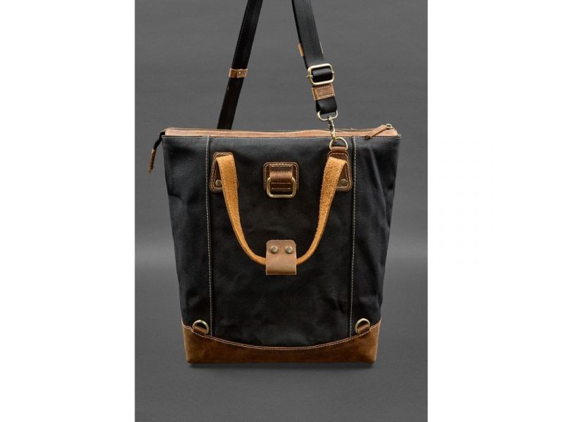 Сумка-рюкзак из канваса и натуральной светло-коричневой кожи, фото 6