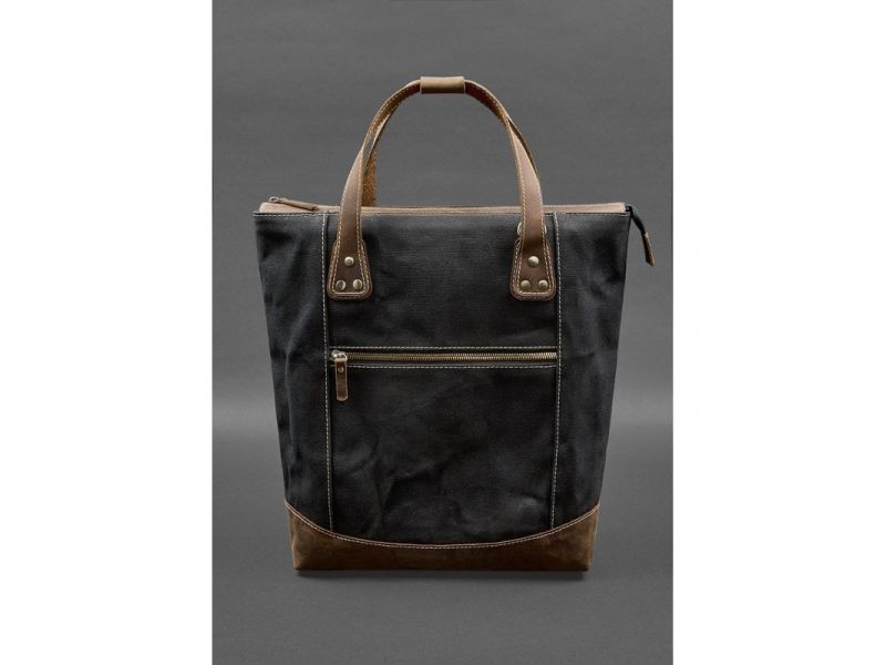 Сумка-рюкзак из канваса и натуральной темно-коричневой кожи, фото 1