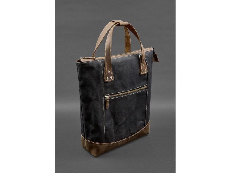 Сумка-рюкзак из канваса и натуральной темно-коричневой кожи, фото 2