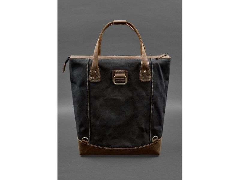 Сумка-рюкзак из канваса и натуральной темно-коричневой кожи, фото 3