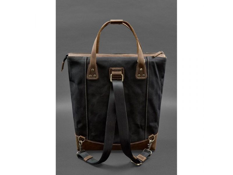 Сумка-рюкзак из канваса и натуральной темно-коричневой кожи, фото 4
