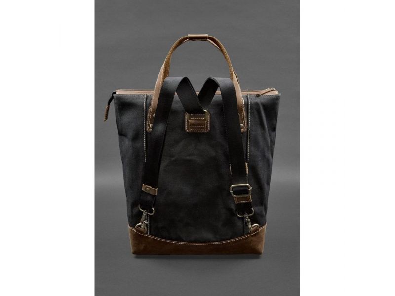 Сумка-рюкзак из канваса и натуральной темно-коричневой кожи, фото 5