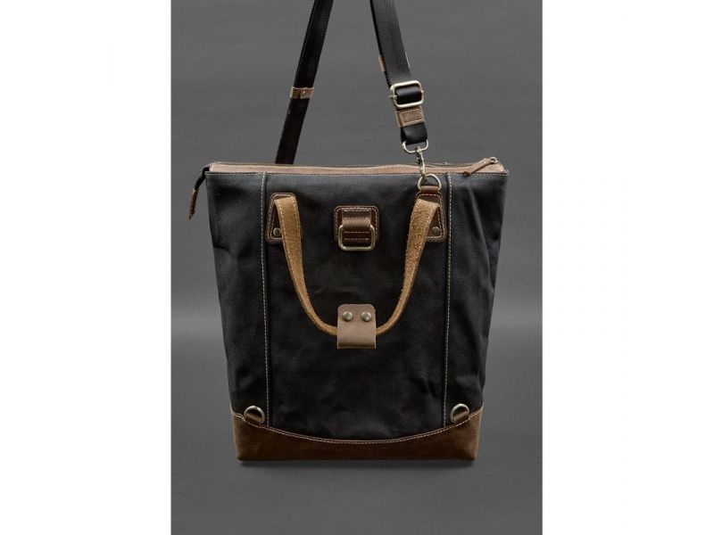 Сумка-рюкзак из канваса и натуральной темно-коричневой кожи, фото 6