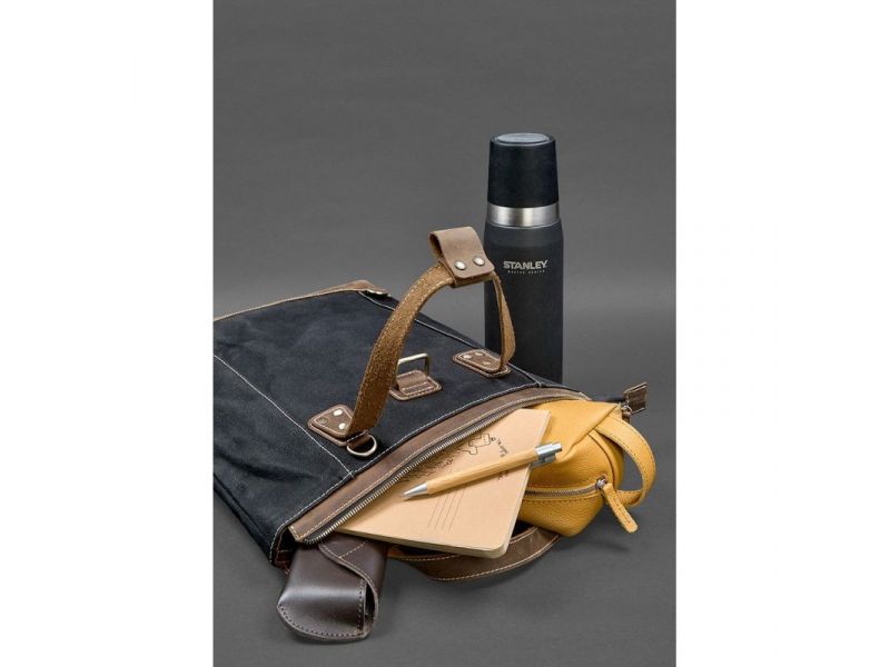 Сумка-рюкзак из канваса и натуральной темно-коричневой кожи, фото 8