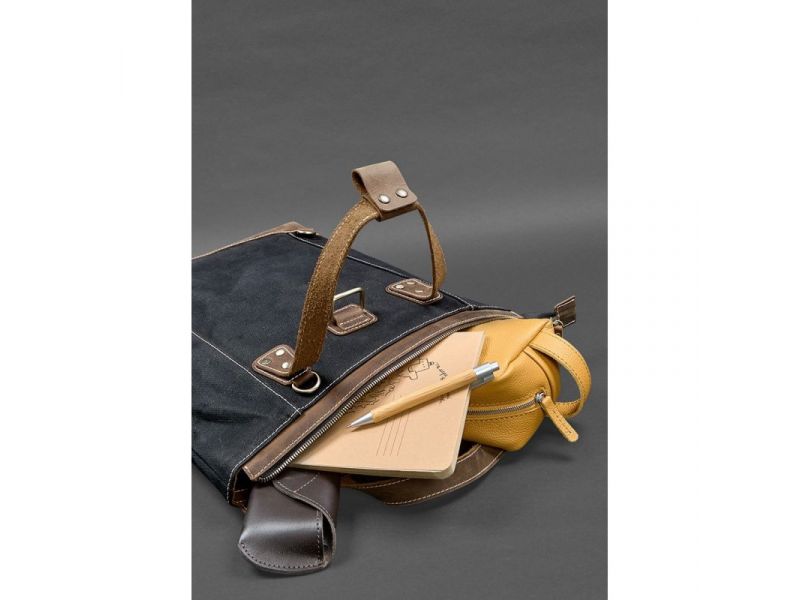 Сумка-рюкзак из канваса и натуральной темно-коричневой кожи, фото 9