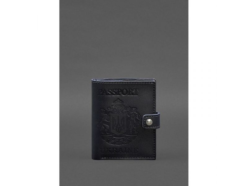 Кожаная обложка-портмоне на паспорт с гербом Украины 25.0 темно-синяя, фото 1