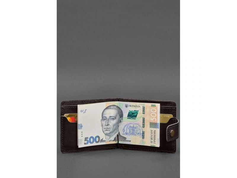 Кожаное портмоне 13.1 зажим с хлястиком темно-коричневый краст, фото 5