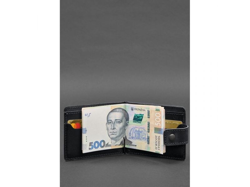 Кожаное портмоне 13.1 зажим с хлястиком Черный Crazy Horse, фото 5