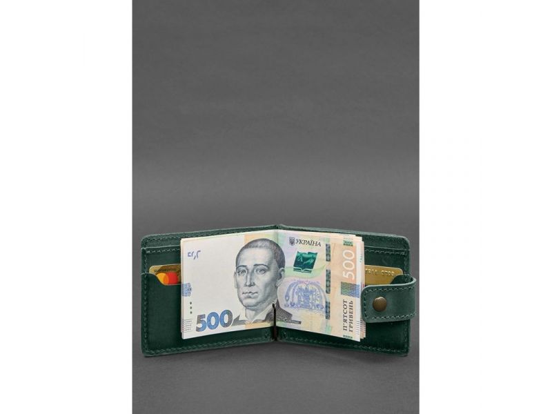 Кожаное портмоне 13.1 зажим с хлястиком Зеленый Crazy Horse, фото 5