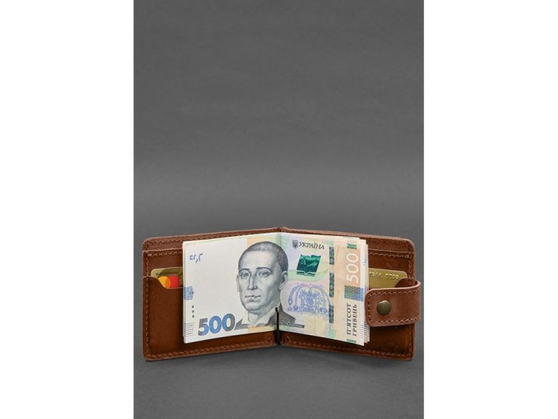 Кожаное портмоне 13.1 зажим с хлястиком светло-коричневое Crazy Horse, фото 5