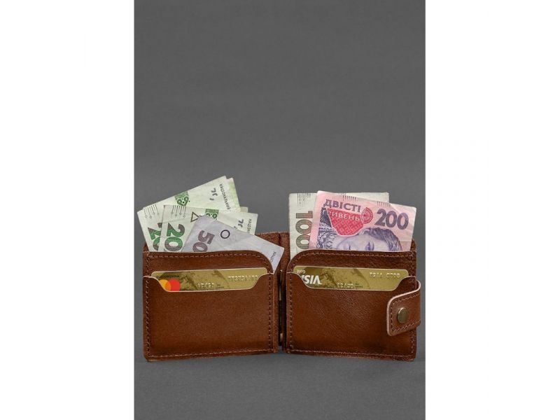 Кожаное портмоне 13.1 зажим с хлястиком светло-коричневый краст, фото 2