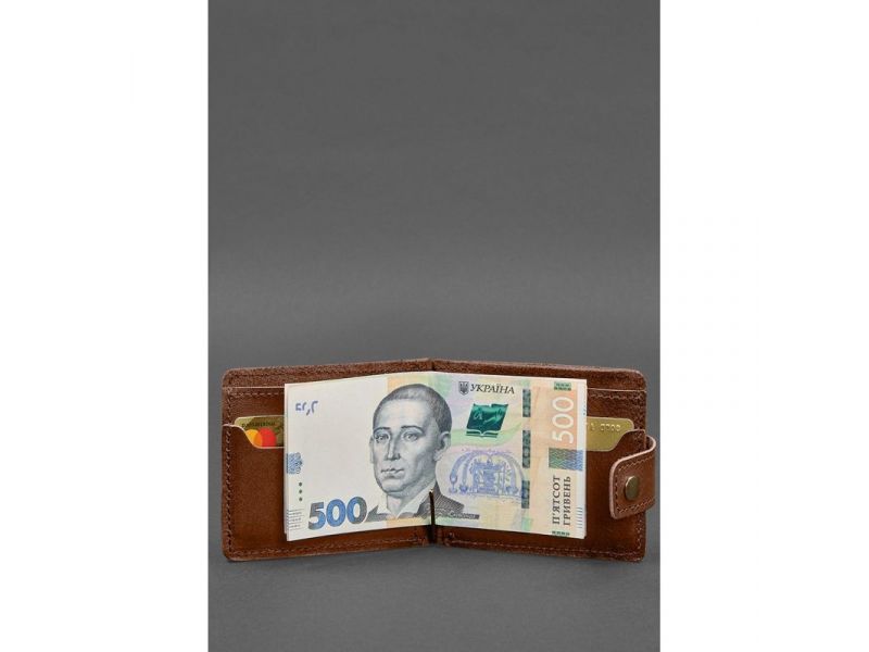 Кожаное портмоне 13.1 зажим с хлястиком светло-коричневый краст, фото 5