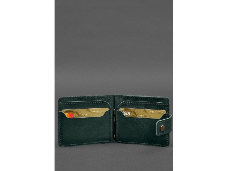 Кожаное портмоне 13.1 зажим с хлястиком зеленый краст, фото 4