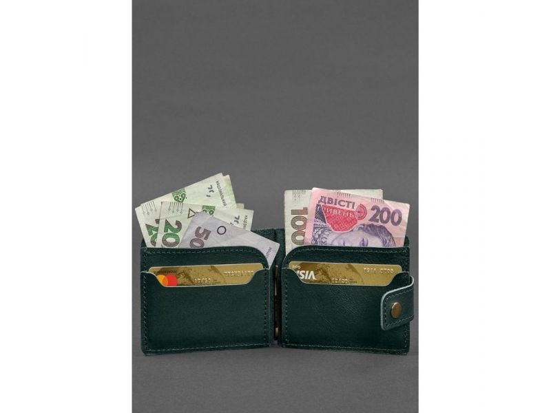 Кожаное портмоне 13.1 зажим с хлястиком зеленый краст, фото 2