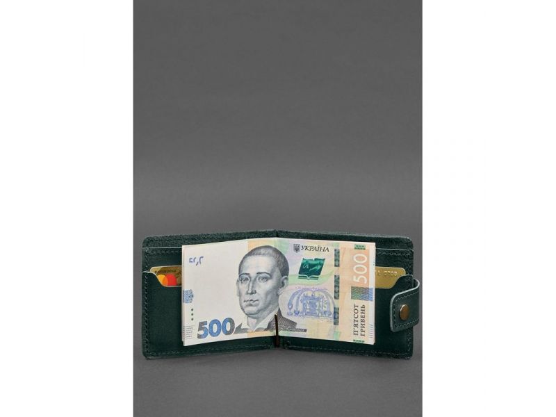 Кожаное портмоне 13.1 зажим с хлястиком зеленый краст, фото 5