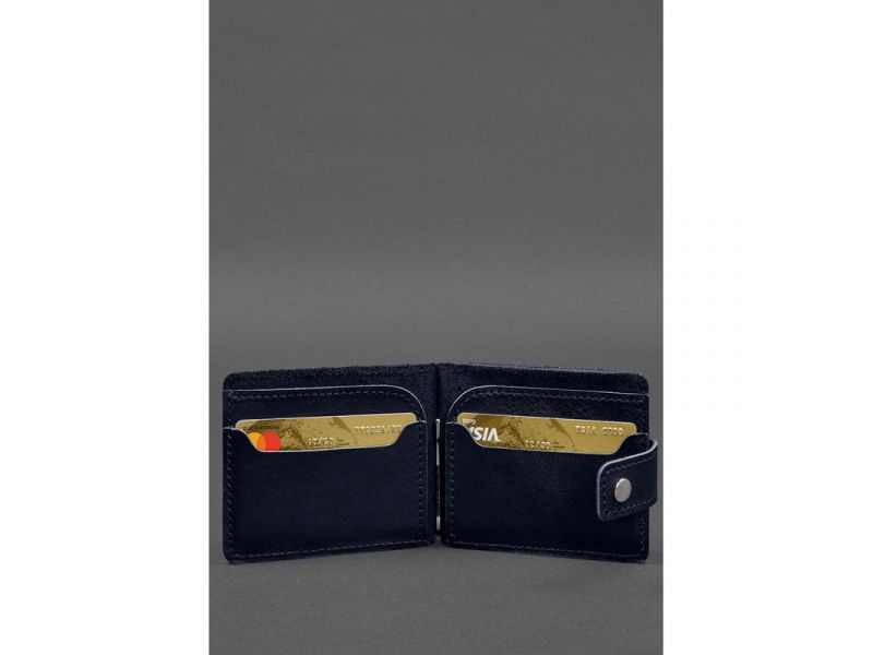 Кожаное портмоне 13.1 зажим с хлястиком синий краст, фото 4