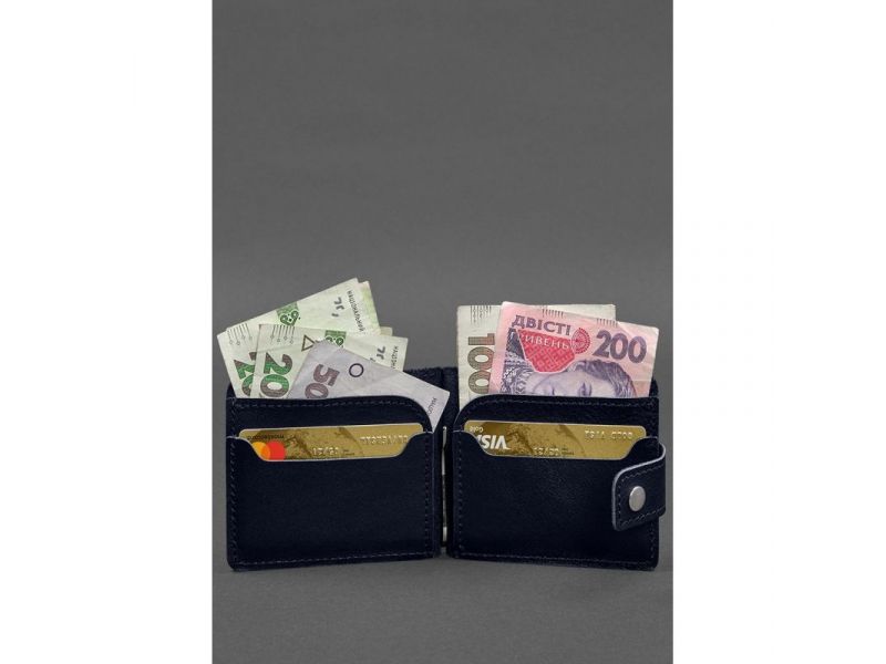 Кожаное портмоне 13.1 зажим с хлястиком синий краст, фото 2