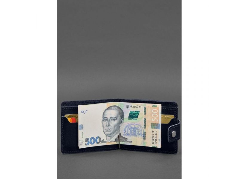 Кожаное портмоне 13.1 зажим с хлястиком синий краст, фото 5