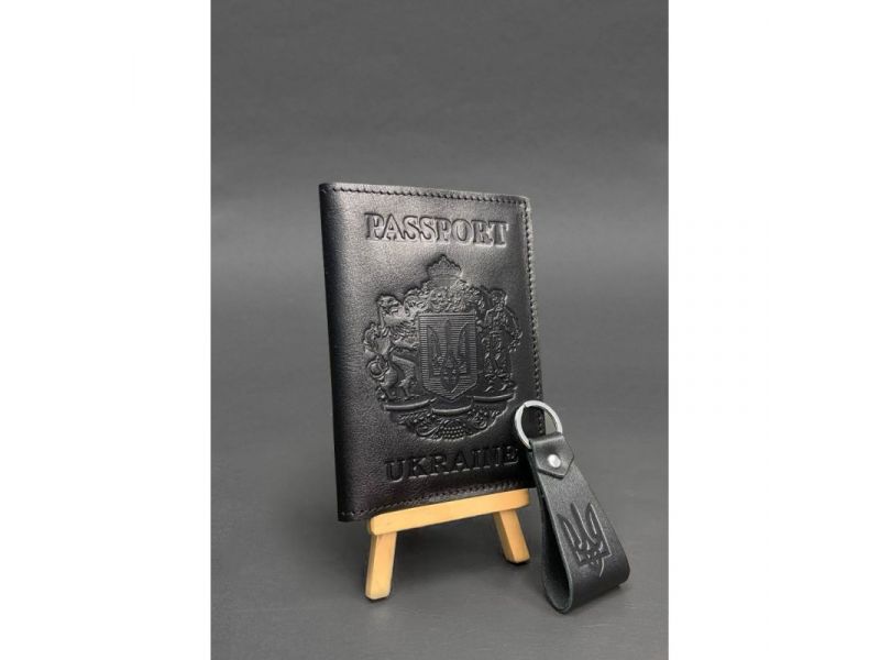 Подарочный набор кожаных аксессуаров с украинской символикой черный краст, фото 1