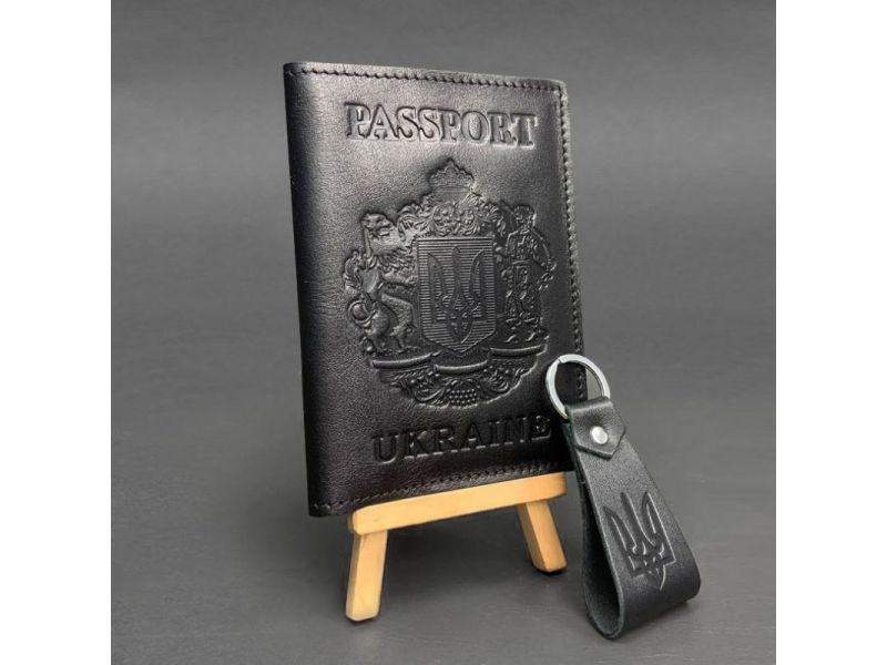 Подарочный набор кожаных аксессуаров с украинской символикой черный краст, фото 3